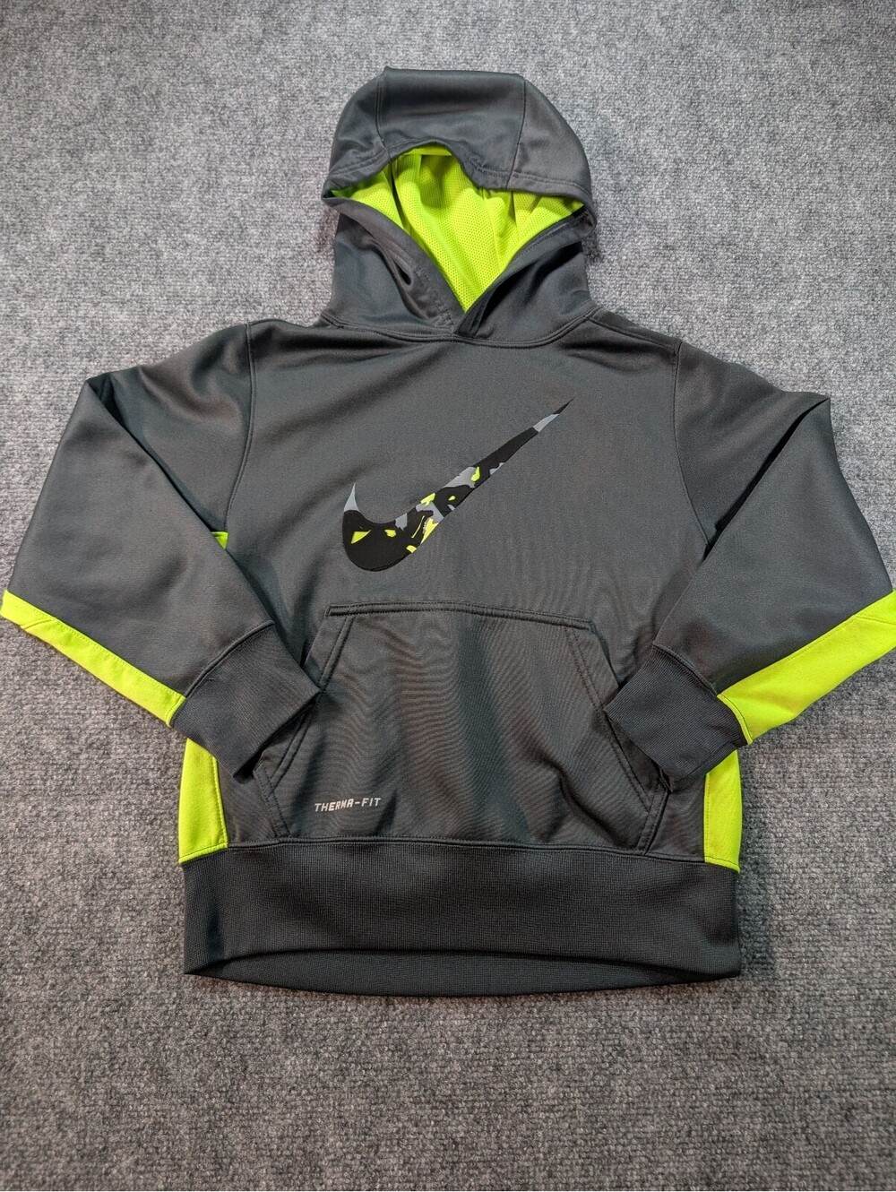 Nike Therma-Fit Youth Small Black Neon Green Hoodie Sweatshirt